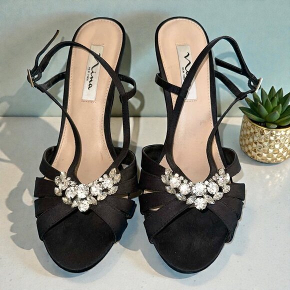 Black Satin Wedge Sandals with Rhinestones - Picture 1 of 7